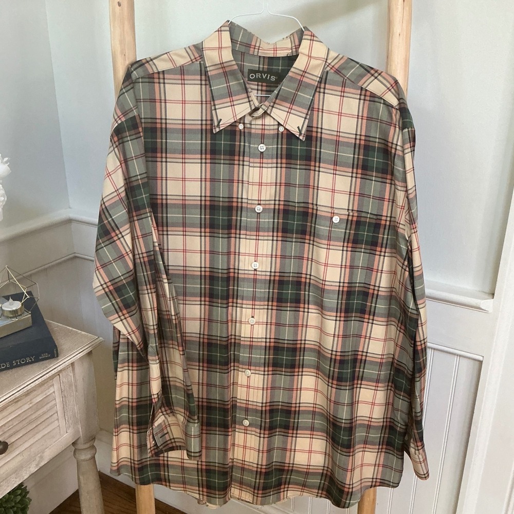 Orvis Mens XXL Plaid Button Down Shirt Green Tan Red Long Sleeve Cotton Relaxed